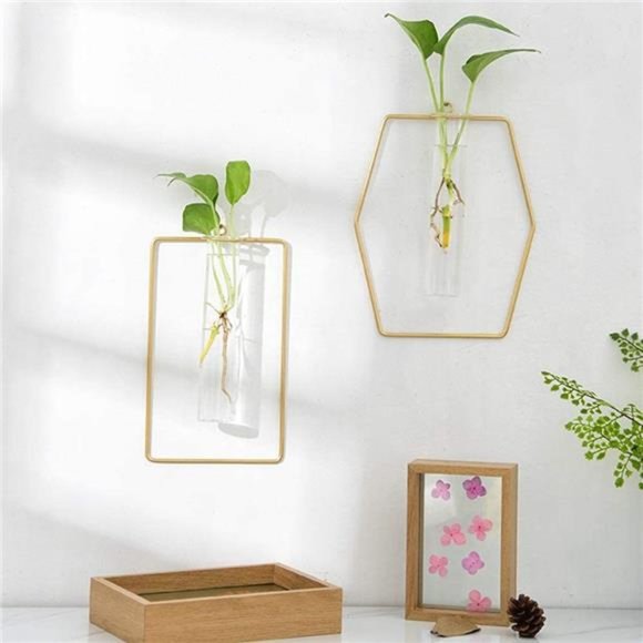 Pack of 2 Wall-Mounted Hydroponic Planter, Glass Containers w/ Gold Metal Frames - Picture 2 of 6